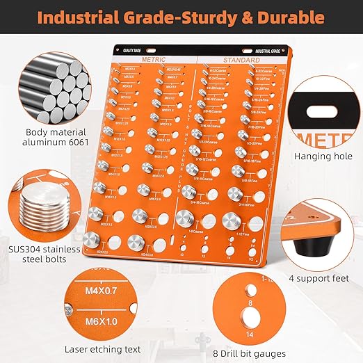 54 Nut and Bolt Thread Checker - 22 Standard and 24 Metric Bolt Checker and 8 Drill Bit Gauge,Bolt Size and Thread Gauge,Wall-Mountable Bolt and Nut Identifier Gauge