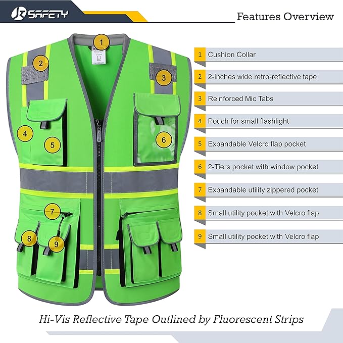JKSafety 10 Pockets Hi-Vis Zipper Front Fluorescent Green Safety Vest | Cushioned Collar | High Reflective Tapes with Extended Neon Yellow Strips | Meets ANSI/ISEA Standards (X-Large, 89-Green)