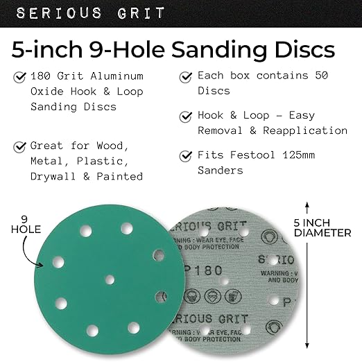 5-Inch 9-Hole 180 Grit Sanding Discs - Heavy-Duty Hook & Loop Film Discs - Sandpaper for Random Orbital Sanders - 50 Pack Box