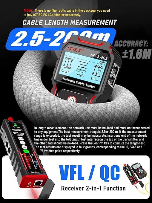 NF-859GS Network Cable Tester with VFL Functio 10mw Visual Fault Locator,for POE RJ45 RJ11 CAT5 CAT6 Cable Toner Continuity TestTelephone/Ethernet/LAN/Wire Tracer