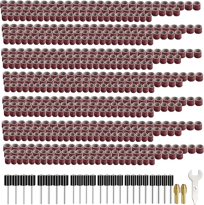 Tnisesm 552Pcs Aluminum Oxide Sanding Drum Set,Including 525 Pieces 80 120 150 240 320 400 600 Grit Drum Sander Sanding Sleeves and 24 Pieces Drum Mandrels for Dremel Rotary Tool,Sanding Drums