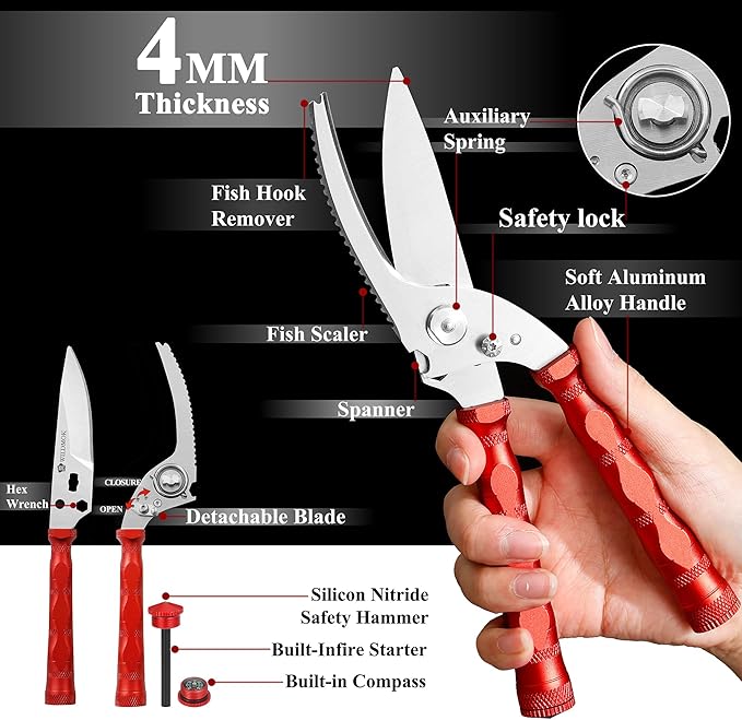 WILDMOK Heavy Duty Poultry Shears - 8.5 Inch Multi-function Stainless Steel Poultry Outdoor Shears, Ultra Sharp Kitchen Scissors for Outdoor Camp, Red