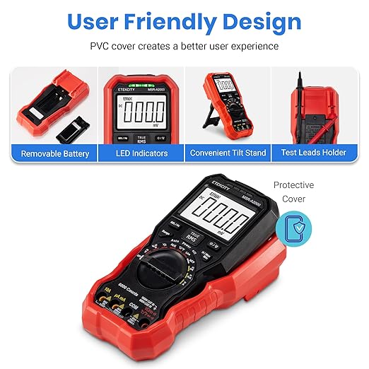 Etekcity Digital Multimeter Voltmeter Tester TRMS 6000 Counts, AC DC Current Voltage Meter, Amp, Ohm, Diode, Capacitance, Frequency, Temperature, NCV, Resistance, Red, MSR-A2000
