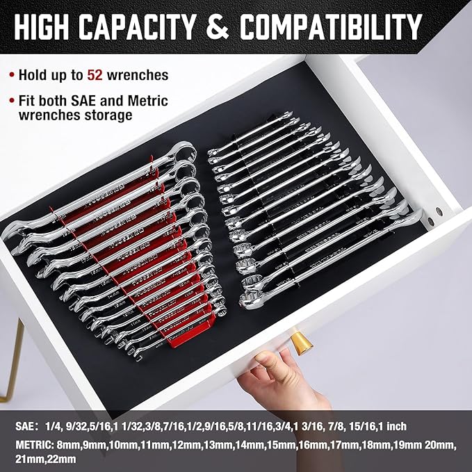 ALOANES Steel Wrench Organizer, 52-Slot Tool Organizer Set Wall Mounted & Hanging, 4 Pack Wrench Holders Fit SAE & Metric Wrench Storage(Red&Blue)