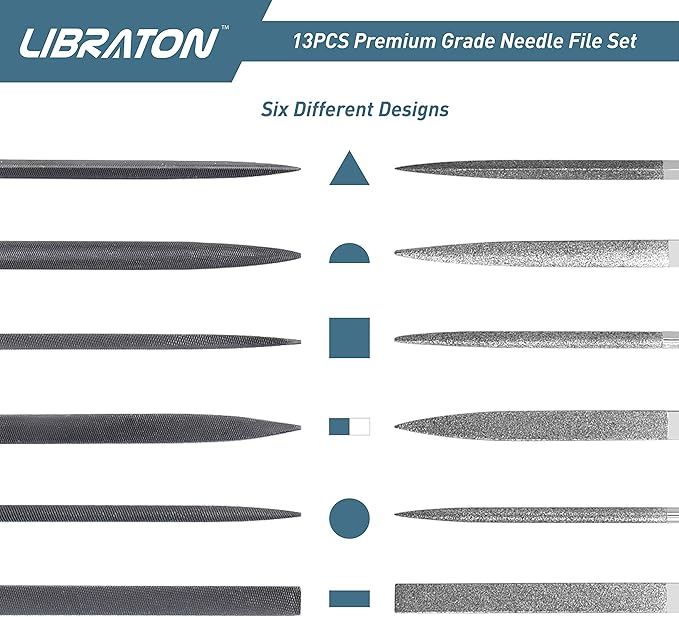 LIBRATON Small File Set, Needle Diamond Files 13PCS, 6pcs Jewlers & 6 Steel for Precision Metal Work, Wood, Woodworking, Plastic Carving Tool with Brush and Carry Case