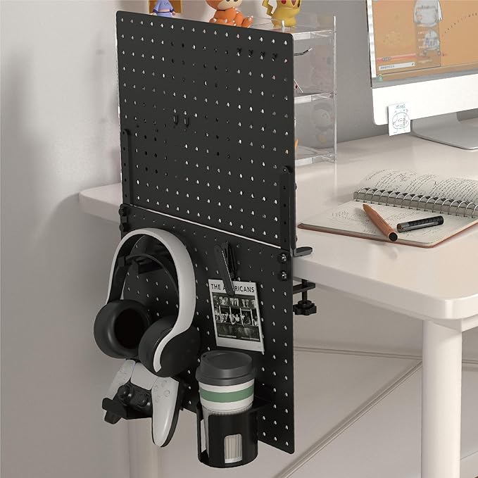 HUHOLE 32 x 12 inch Clamp On Desk Pegboard, Black Metal Desktop Organizer, Desk Accessories for Gaming & Office, Versatile Clamp-On Pegboard for Organization and Storage