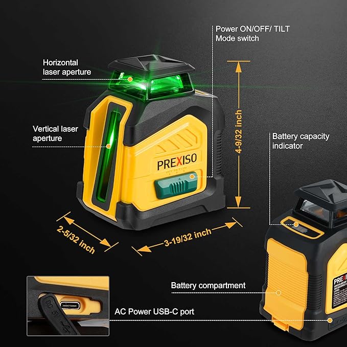 PREXISO 360° Laser Level Self Leveling, 100Ft Dual Power Cross Line Laser - Wide Angle Vertical Line for Construction, Floor Tile, Renovation with Magnetic Base, Wall Panel Stand, Carry Bag