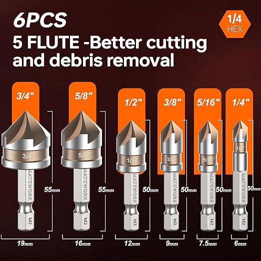 Countersink Drill Bit Set, M2 Cobalt HSS Countersink Drill Bits 6 Pieces 1/4 Inch Quick Change Hex Shank for Metal, Wood, Stainless Steel, Carbon Steel