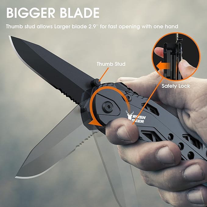 Rush Deer Pocket Knife - Folding EDC Multitool for Men, Small and Versatile Camping, Fishing, and Hiking Accessories Set (Black)