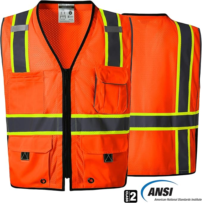 SKSAFETY 10 Pockets Professional Level Safety Vest - Class 2 High Visibility Vest with Zipper, ANSI/ISEA Standard - Construction Work Vest (Orange, M)