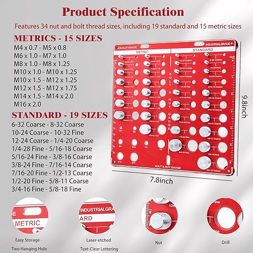42 Nut and Bolt Thread Checker, Bolt Size and Thread Gauge 19 Standard & 15 Metric Bolt & 8 Drill Bit Gauge, Bolt and Nut Identifier Gauge with Inch and Centimeter Scales