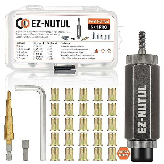 Rivet Nut Installation Tool Set Flat Head Rivnut Threaded Insert Nut Kit SAE & Metric for Metal Heavy Duty Zinc Plated Nutsert (10-24(Rivet Nut Tool-25pcs))