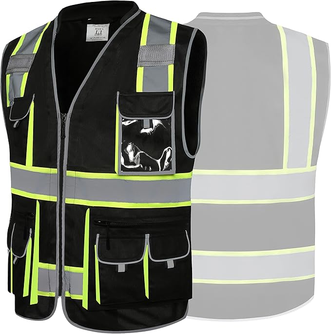 JKSafety 10 Pockets Hi-Vis Zipper Front Black Safety Vest | Cushioned Collar | High Reflective Tapes with Extended Neon Yellow Strips | Meets ANSI/ISEA Standards (Large, 89-Black)