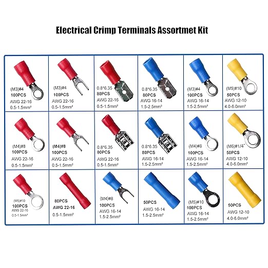 1500pcs Insulated Wire Electrical Connectors-Ring,Fork,Spade,Butt-Crimp Terminals Assortment Kit