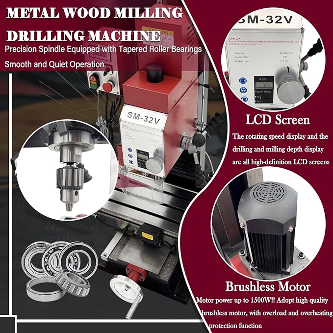 Benchtop Mini Milling Drilling Machine 1500W Brushless Mill Drill with X-Axis Power Feed,3-Axis Grating Ruler,±90° Spindle,50-2250 RPM for Metal/Wood/Plastic Working R8 Spindle 110V