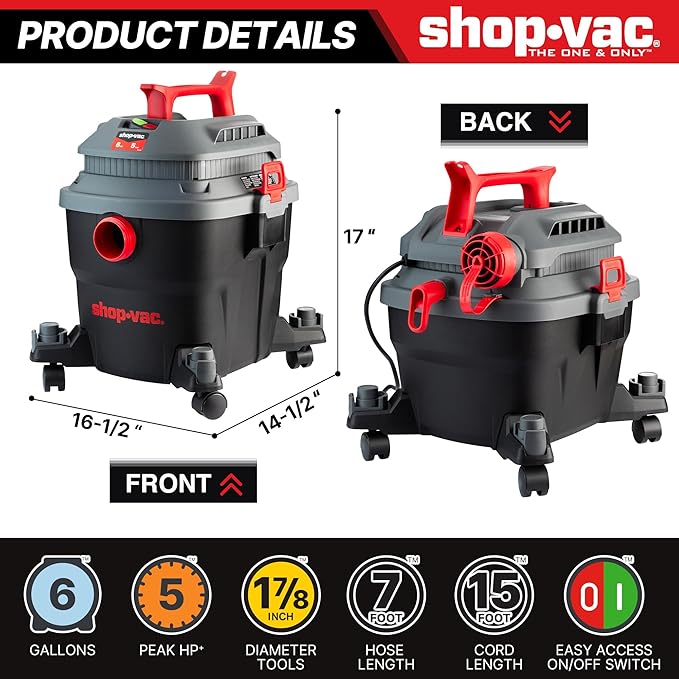 Shop-Vac 6 Gallon 5 Peak HP Wet/Dry Vacuum, Portable Shop Vacuum with Attachments for Jobsite, Garage & Workshop. 5430097