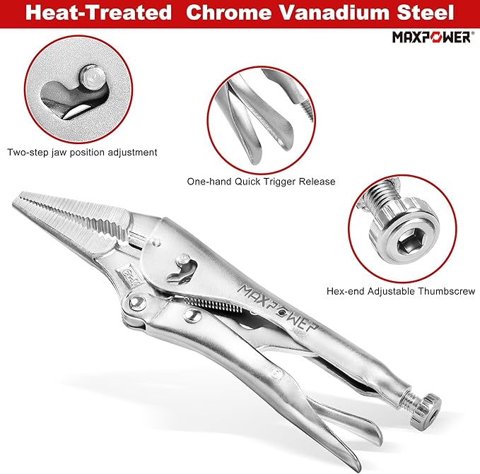 MAXPOWER Locking Pliers Set - 9-inch Long Nose, 10-inch Curved Jaw, Wide Opening Two-position Adjustment - 2 Pack
