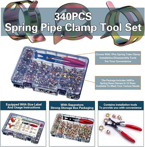 340pcs Spring Pipe Clamps, With Spring Pipe Clamp Tools, 12 Sizes 6-22mm Spring Hose Clamps, Used To Fix Hose Interfaces In Automotive, Marine, Gardening, Industrial Applications
