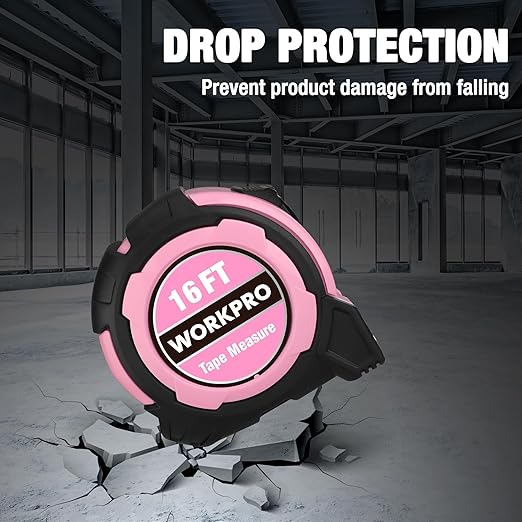 WORKPRO 16FT Pink Tape Measure, 1/8 Fractions Easy Read Measuring Tape, Retractable Nylon Coating Measurement Tape Accuracy 1/32, Magnetic Hook, Belt Clip, Rubber Protective Casing