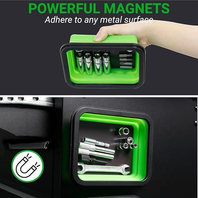 Collapsible Magnetic Parts Tray Set, Magnetic Tray for Mechanic's, 3 Different Size Tool Trays for Small Metal Parts, Cool Mechanic Tools, Cool Gifts for Mechanic (Green)