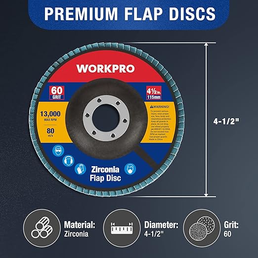 WORKPRO 10-Pack Flap Discs, 4-1/2-inch, Arbor Size 7/8-inch, T29 Zirconia Abrasive Grinding Wheel and Flap Sanding Disc, Includes 60 Grits