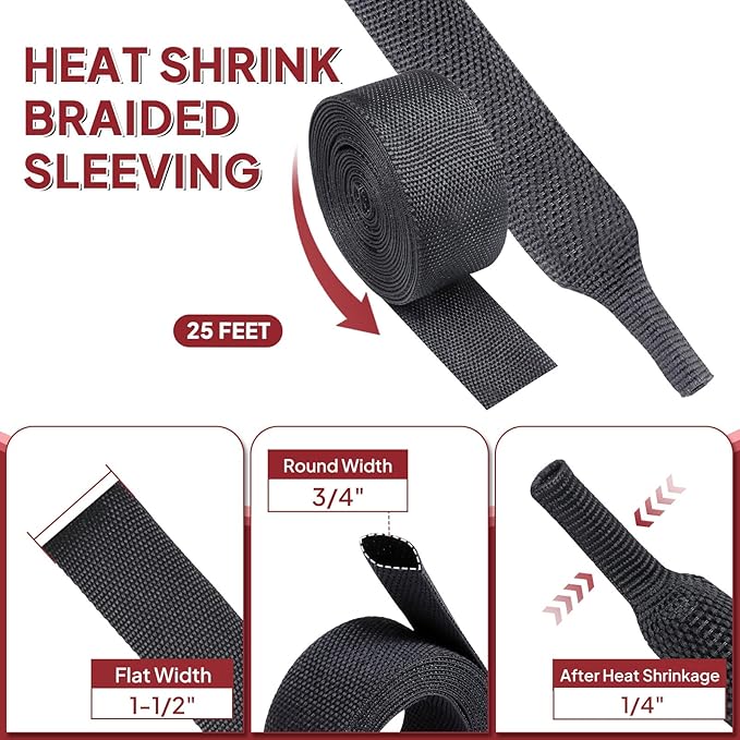 Heat Shrink Braided Sleeving, 2:1 Ratio Shrinkable Fabric Tubing Sleeve Abrasion Protection Cable Wire Sheath (3/4"-25ft)