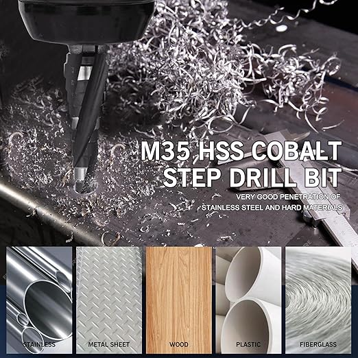 M35 Four Spiral Flute Cobalt Step Drill Bit, 3/16"-7/8" Wear-Resistant TiAlN Coated Four-Flute Step Bit, 1/4" Hex Shank Unibit Step Bit for Metal, Stainless Steel, Aluminum, Wood, Plastic