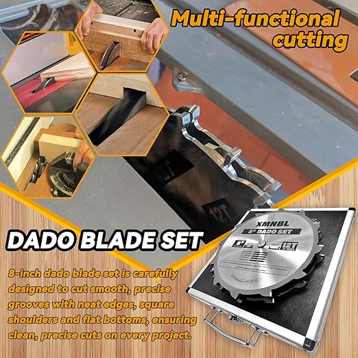 8 Inch Stacking Dado Blade Set,Replace for Freud 8" Dado Set,Compatible with SawStop,Jet,Dewalt,Bosch 8 Inch & 10 Inch Table Saw,Grooves from 1/4" to 7/8" Inch,5/8 Arbor,16 Pieces