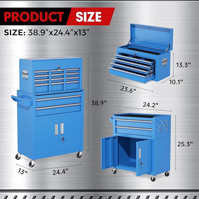 INTERGREAT 8 Drawer Rolling Tool Chest, Assembled Tool Chest with Wheels, 2-in-1 Detachable Steel Toolchest Organizer Combo, Tool Cabinet for Garage, Workstation (Blue)