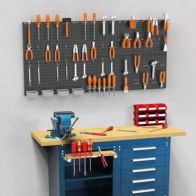 WALMANN Metal Pegboard Kit with Accessories for Wall, Garage Tools Storage Pegboard System for Garage, Workbench, Modular Peg Board Tool Organizer Board with Hooks(Black)
