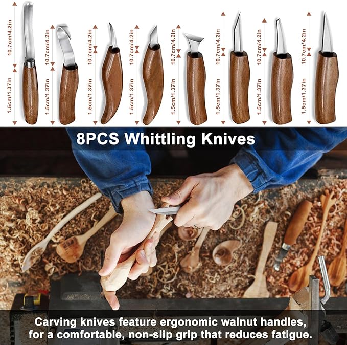Wood Whittling Kit for Beginners, 15PCS Wood Carving Tools Kit,Basswood Carving Blocks,Gloves,Roll Bag, Sharpener for Widdling Kit