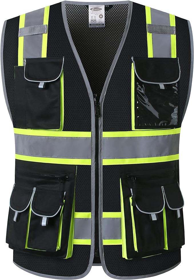 JKSafety 10 Pockets Hi-Vis Neon Color Frontal Zipper Mesh Safety Vest for Men Women Safety Utility for works Comply to ANSI/ISEA Standards (86-Black XXL)