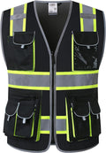 JKSafety 10 Pockets Hi-Vis Neon Color Frontal Zipper Mesh Safety Vest for Men Women Safety Utility for works Comply to ANSI/ISEA Standards (86-Black XXL)