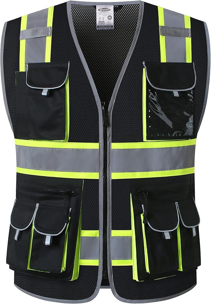 JKSafety 10 Pockets Hi-Vis Neon Color Frontal Zipper Mesh Safety Vest for Men Women Safety Utility for works Comply to ANSI/ISEA Standards (86-Black 3XL)