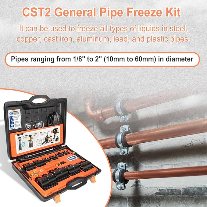 CST2 General Pipe Freeze Kit, Tube Wire Plumbing Freezing, Freezes Pipes From 1/8 Inch to 2 Inch, Water Line Repair Tool Kit, Replacement For Cold Shot Pipe Freeze Kit