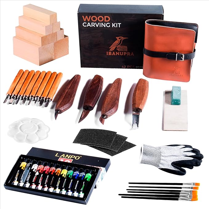 IBANUPRA All-in-One Wood Carving kit Included Wood Carving Knife Set, Whittling Knife Set, Safety Gloves, Sand Paper, Leather Strop, Paint Kit, Compound & Leather Case for Beginners or Professionals