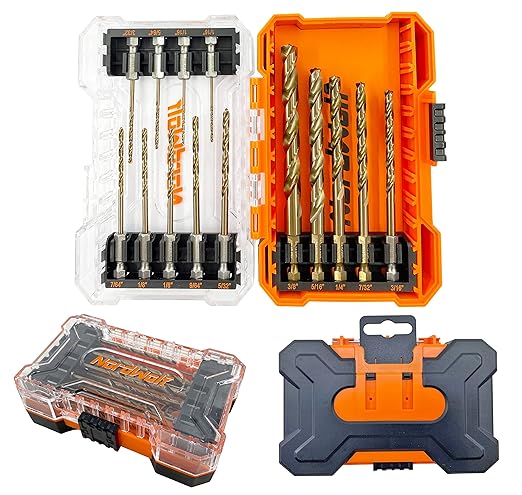 NordWolf 14-Piece M35 Cobalt Drill Bit Set for Stainless Steel, Hard Metals & Cast Iron, Jobber Length with 1/4" Hex Shank, SAE Sizes 1/16" to 3/8" in Storage Case