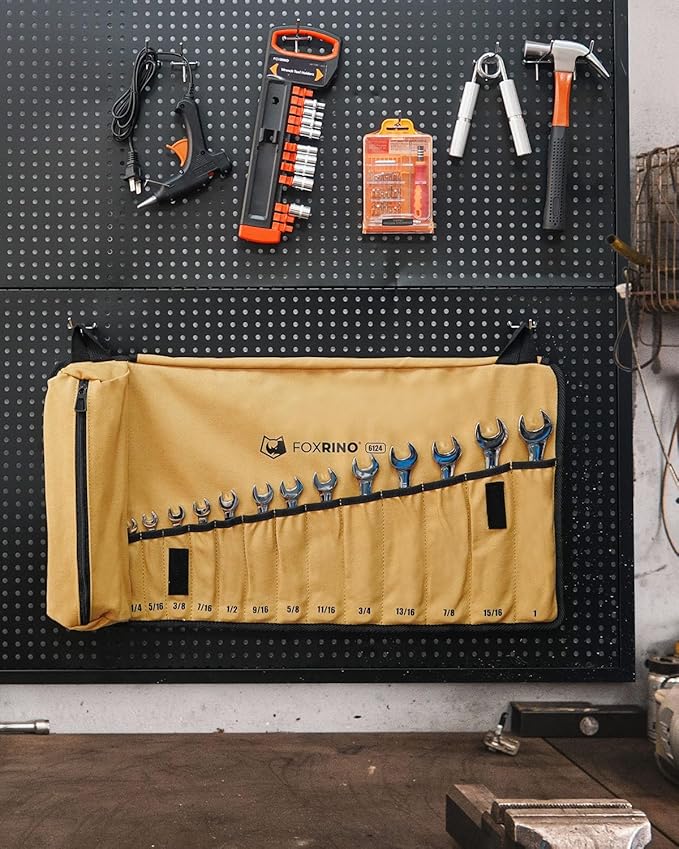 Wrench Roll, Wrench Roll Up Pouch, Gifts for Men Father Dad Mechanic, Heavy Duty Canvas Wrench Organizer Bag (Brown, 13+1 SAE)