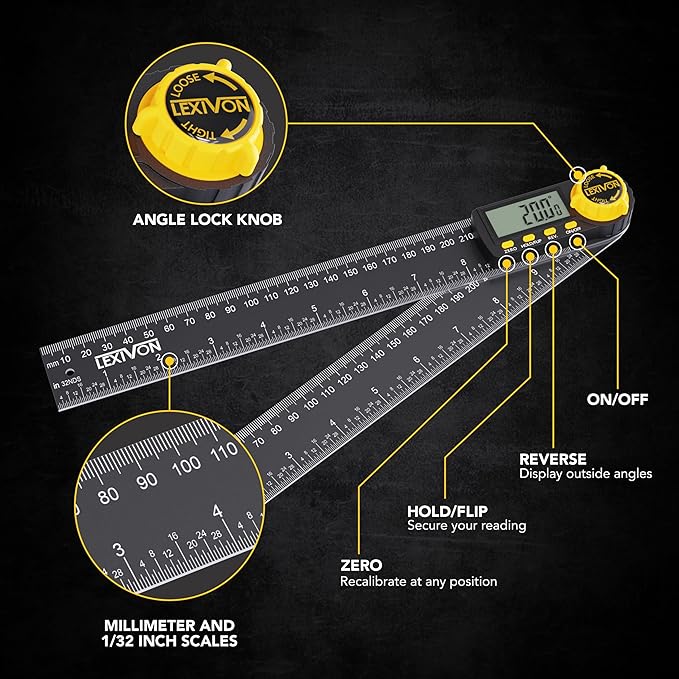 LEXIVON Aluminum Digital Angle Finder Gauge, 10-inch/250mm Multi-Purpose Protractor, Includes XL Display and Rugged Zippered Pouch (LX-DAF10)