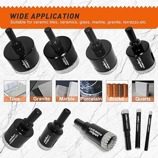 ASNOMY 10PCS Diamond Hole Saw Set, 1/4"-2" Inch Serrated Brazing Tile Hole Saw Diamond Core Drill Bits Set with EVA Mold Hole Saw Guide Jig for Porcelain Tile Glass Ceramic Stone Granite Marble