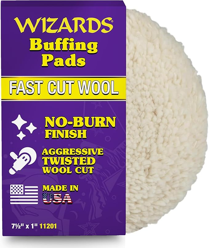 Wizards Fast Cut Wool Buffing Pad - Twisted Wool ‎and Velcro-Backed Wax Applicator Pad - for Auto Detailing, Cleaning and Protection - Aggressively Cuts Without Burning Paint - 7½" x 1"