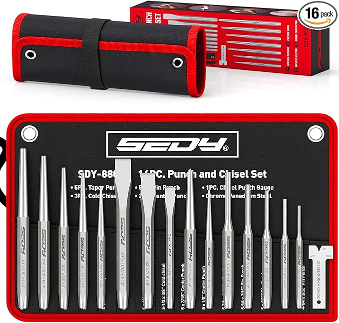 16-Piece Precision Punch & Chisel Set - Taper Punch, Pin Punch, Center Punch, Cold Chisels & Gauge for Versatile Applications