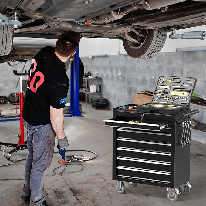 7 Drawers Metal Rolling Tool Chest, Portable Storage Rolling Tool Box, Toolbox on Wheels for Warehouse, Garage, Repair Shop and Tool Room (Black, 7-Drawer)