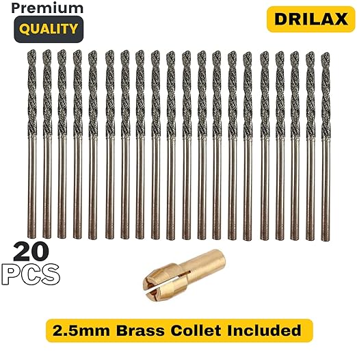 Drilax 20-Pc 2.5mm Diamond Drill Bit Set | Dremel Compatible with 1 Collet | for Glass, Sea Glass, Gems & Jewelry