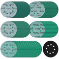 5 Inch 8 Hole Sanding Discs, 100 Pcs Wer Dry Sanding Disc Set 600 800 1000 1500 2000 Assorted Grits Hook and Loop Green Polyester Film Backed Sandpaper with Interface Pad for Random Orbital Sander