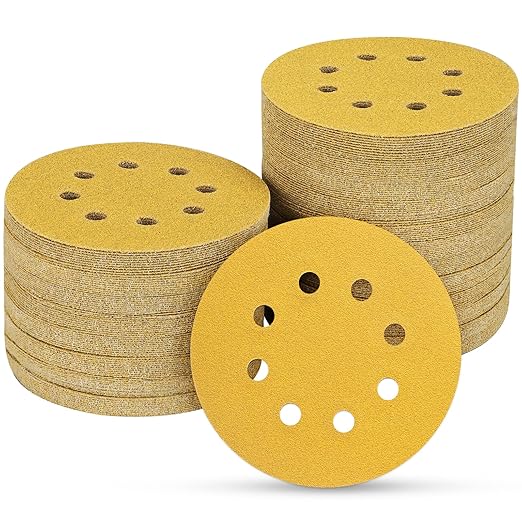100PCS 5 Inch 8 Hole Sanding Discs 150 Grit,Gold Round Hook and Loop Sandpaper for Random Orbital Sander