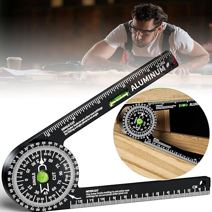Miter Saw Protractor,Aluminum Protractor Angle Finder with Level Gauge High Precision Laser Inside & Outside Miter Angle Finder for Angle Finder Carpenters, Trim work,Plumbers and All Building Trades