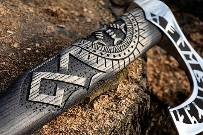 SHINY CRAFTS Viking Axe - 27" Helm of Awe Carved Axe with Engraving, Medieval Tomahawk, Genuine Leather Sheath (SCA-11)