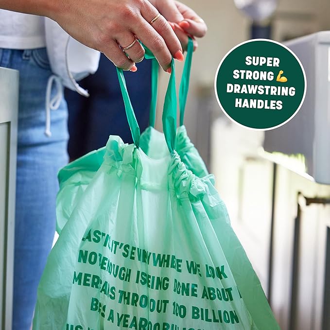 HoldOn Large Trash Bags 13 Gallon – Plant-Based Garbage Bags with Drawstring Handles for Tall Trash Bins – Trash Bags for Kitchen Bin (40 bags, Pack of 2), Green