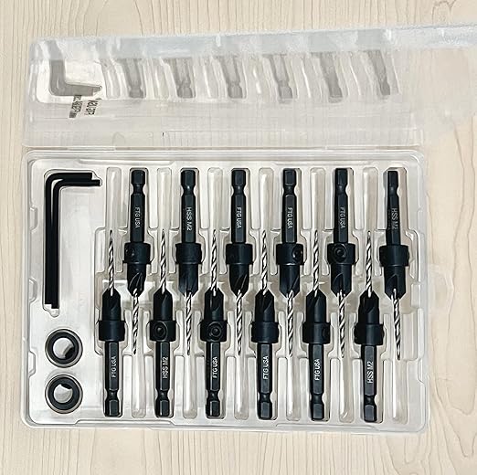 FTG USA 12 Pc #4 (7/64") Countersink Drill Bit Set with Depth Stop Collar, Hex Wrench - Tapered Drill Bits for Wood
